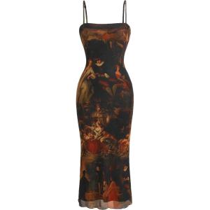 imageSweatyRocks Womens Allover Print Spaghetti Strap Bodycon Dress Elegant Sleeveless Lettuce Trim Midi DressesMulticolor