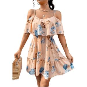 imageSweatyRocks Womens Boho Floral Print Short Sleeve Cold Shoulder Cami Dress Ruffle Hem Short DressesApricot Blue