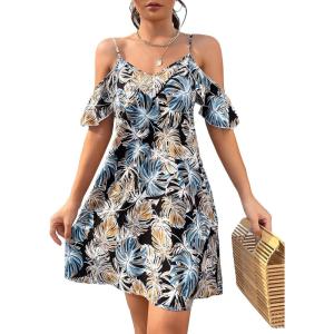 imageSweatyRocks Womens Boho Floral Print Short Sleeve Cold Shoulder Cami Dress Ruffle Hem Short DressesBlack Tropical