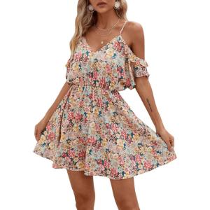 imageSweatyRocks Womens Boho Floral Print Short Sleeve Cold Shoulder Cami Dress Ruffle Hem Short DressesMulticolor