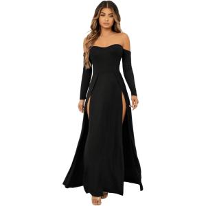 imageSweatyRocks Womens Elegant Off Shoulder Double High Slit Long Sleeve Dress A Line Maxi DressesBlack