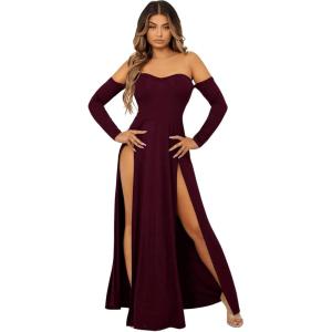 imageSweatyRocks Womens Elegant Off Shoulder Double High Slit Long Sleeve Dress A Line Maxi DressesMaroon