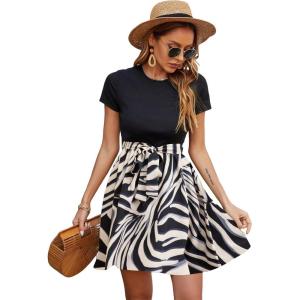 imageSweatyRocks Womens Graphic Short Sleeve Belted Mini Dress A Line Flared Skater DressesBeige Stripe