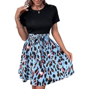 imageSweatyRocks Womens Graphic Short Sleeve Belted Mini Dress A Line Flared Skater DressesBlack Blue