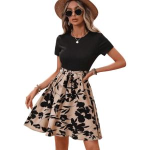 imageSweatyRocks Womens Graphic Short Sleeve Belted Mini Dress A Line Flared Skater DressesBlack Khaki Flower
