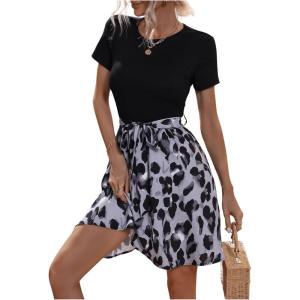 imageSweatyRocks Womens Graphic Short Sleeve Belted Mini Dress A Line Flared Skater DressesBlack Purple