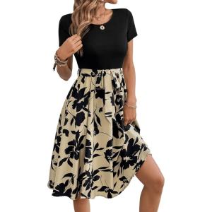 imageSweatyRocks Womens Graphic Short Sleeve Belted Mini Dress A Line Flared Skater DressesFloral Khaki Black