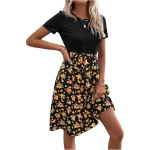 imageSweatyRocks Womens Graphic Short Sleeve Belted Mini Dress A Line Flared Skater DressesFloral Orange Black