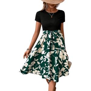imageSweatyRocks Womens Graphic Short Sleeve Belted Mini Dress A Line Flared Skater DressesGreen Black White