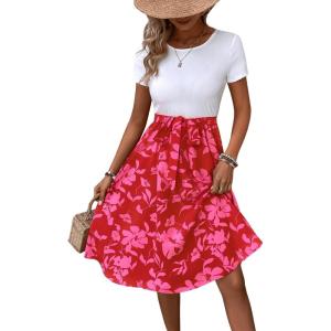 imageSweatyRocks Womens Graphic Short Sleeve Belted Mini Dress A Line Flared Skater DressesHot Pink Red