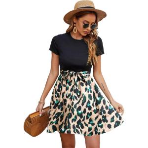 imageSweatyRocks Womens Graphic Short Sleeve Belted Mini Dress A Line Flared Skater DressesKhaki Black Green