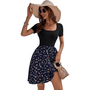 imageSweatyRocks Womens Graphic Short Sleeve Belted Mini Dress A Line Flared Skater DressesNavy Blue Black