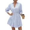 imageSweatyRocks Womens 34 Sleeve V Neck Collar Striped Dress Casual A Line Ruffle Hem Mini DressesBlue and White