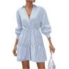 imageSweatyRocks Womens 34 Sleeve V Neck Collar Striped Dress Casual A Line Ruffle Hem Mini DressesBlue and White