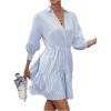 imageSweatyRocks Womens 34 Sleeve V Neck Collar Striped Dress Casual A Line Ruffle Hem Mini DressesBlue and White