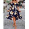 imageSweatyRocks Womens Floral Print Short Sleeve Cold Shoulder Dress Asymmetrical High Low Ruffle Midi DressesNavy Blue