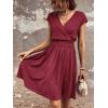 imageSweatyRocks Womens Short Batwing Sleeve Cross Wrap VNeck Aline Casual Swing Dress Plain Shirred Flared Short DressBurgundy
