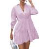 imageSweatyRocks Womens 34 Sleeve V Neck Collar Striped Dress Casual A Line Ruffle Hem Mini DressesPink