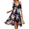 imageSweatyRocks Womens Floral Print Short Sleeve Cold Shoulder Dress Asymmetrical High Low Ruffle Midi DressesNavy Blue