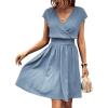imageSweatyRocks Womens Short Batwing Sleeve Cross Wrap VNeck Aline Casual Swing Dress Plain Shirred Flared Short DressPale Blue