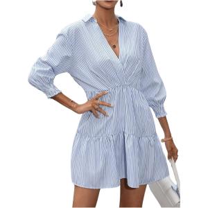 imageSweatyRocks Womens 34 Sleeve V Neck Collar Striped Dress Casual A Line Ruffle Hem Mini DressesBlue and White