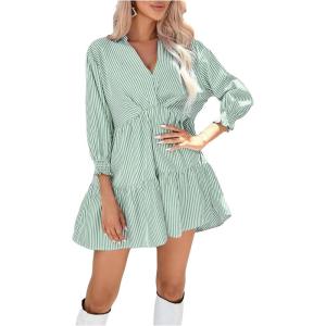 imageSweatyRocks Womens 34 Sleeve V Neck Collar Striped Dress Casual A Line Ruffle Hem Mini DressesGreen