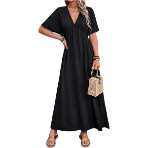 imageSweatyRocks Womens Batwing Short Sleeve VNeck Dress Casual High Waist ALine Flowy Maxi DressBlack
