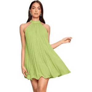 imageSweatyRocks Womens Casual Sleeveless Tie Back Halter Dress Mini Swing Pleated Aline Loose DressPale Green