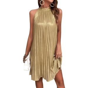 imageSweatyRocks Womens Casual Sleeveless Tie Back Halter Dress Mini Swing Pleated Aline Loose DressSolid Gold