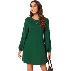 imageSweatyRocks Womens Elegant Mesh Contrast Long Sleeve A Line Mini Short DressDark Green