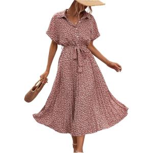 imageSweatyRocks Womens Floral Print Long Dress Button Front Short Sleeve Pleated Flowy Casual Aline DressesDusty Pink