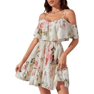 imageSweatyRocks Womens Floral Print Short Sleeve Cold Shoulder Dress Asymmetrical High Low Ruffle Midi DressesBeige