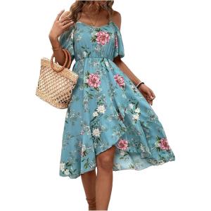 imageSweatyRocks Womens Floral Print Short Sleeve Cold Shoulder Dress Asymmetrical High Low Ruffle Midi DressesBlue Green