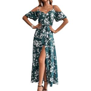 imageSweatyRocks Womens Floral Print Short Sleeve Cold Shoulder Dress Asymmetrical High Low Ruffle Midi DressesGreen