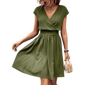 imageSweatyRocks Womens Short Batwing Sleeve Cross Wrap VNeck Aline Casual Swing Dress Plain Shirred Flared Short DressArmy Green