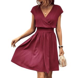 imageSweatyRocks Womens Short Batwing Sleeve Cross Wrap VNeck Aline Casual Swing Dress Plain Shirred Flared Short DressBurgundy