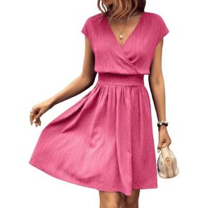 imageSweatyRocks Womens Short Batwing Sleeve Cross Wrap VNeck Aline Casual Swing Dress Plain Shirred Flared Short DressHot Pink