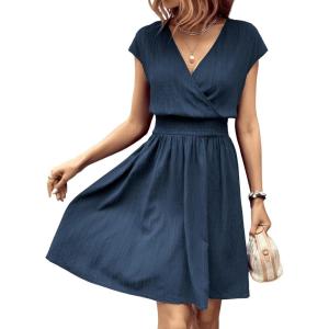 imageSweatyRocks Womens Short Batwing Sleeve Cross Wrap VNeck Aline Casual Swing Dress Plain Shirred Flared Short DressNavy Blue