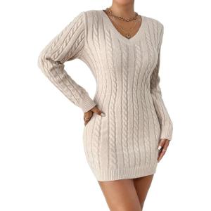 imageSweatyRocks Womens V Neck Long Sleeve Knit Dress Casual Slim Fit Mini Pencil DressesApricot