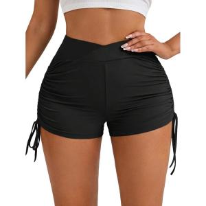 imageSweatyRocks Womens Drawstring Side Ruched Biker Shorts Solid High Waisted Yoga Workout Athletic ShortsBlack