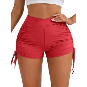 imageSweatyRocks Womens Drawstring Side Ruched Biker Shorts Solid High Waisted Yoga Workout Athletic ShortsRed