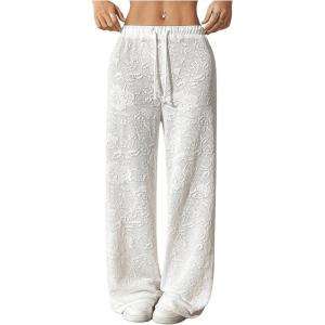 imageSweatyRocks Womens Wide Leg Pants Sheer Floral Embroidery Drawstring High Waist Long TrousersWhite