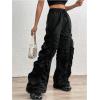 imageSweatyRocks Womens Ruched Drawstring High Waisted Lightweight Baggy Pants with PocketBlack