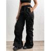 imageSweatyRocks Womens Ruched Drawstring High Waisted Lightweight Baggy Pants with PocketBlack