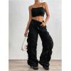 imageSweatyRocks Womens Ruched Drawstring High Waisted Lightweight Baggy Pants with PocketBlack