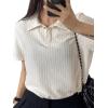 imageSweatyRocks Womens Short Sleeve Button Front Collar T Shirt Textured Sheer Polo Tee TopsBeige