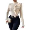 imageSweatyRocks Womens Elegant Ruffle Trim Mock Neck T Shirts Slim Fit Long Sleeve Tee TopsApricot