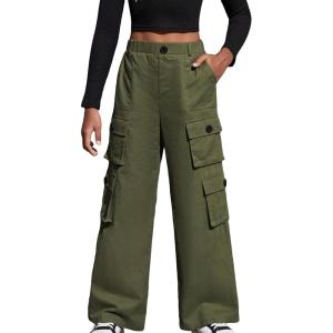 imageSweatyRocks Girls Casual Elastic High Waist Zip Up Cargo Pants Wide Leg Trousers with Flap PocketArmy Green