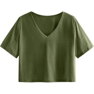 imageSweatyRocks Womens Casual V Neck Short Sleeve Soild Basic Crop Top TShirtArmy Green3