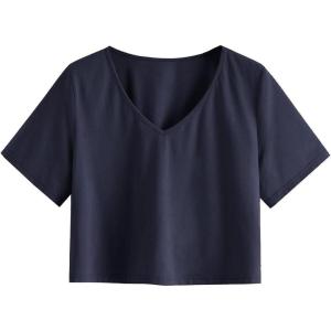 imageSweatyRocks Womens Casual V Neck Short Sleeve Soild Basic Crop Top TShirtNavy Blue